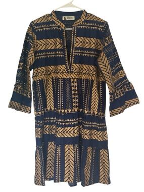 Platinum Navy and Tan Geometric Tiered Boho Mini Dress SzM/L Suble Shimmer